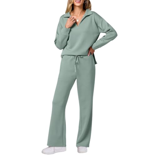 Engood Conjunto de 2 peças de moletom feminino, manga comprida, gola V, moletom, calça de moletom para outono, Verde, X-Large