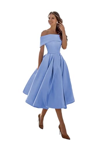Modest A Line Flowy Homecoming Dresses for Teens 2025 Elegant Off The Shoulder Tea Length Satin Cocktail Dress