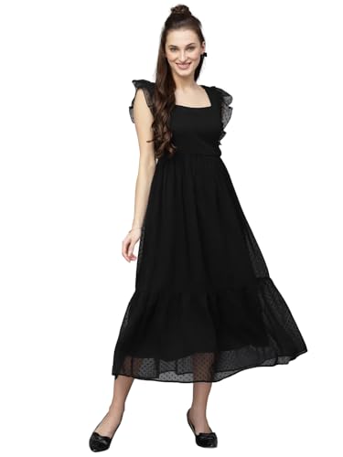 Image of Sugathari Georgette Jacquard Butti Square Neck Knee Length Western Dresses for Women (Dress2 89)