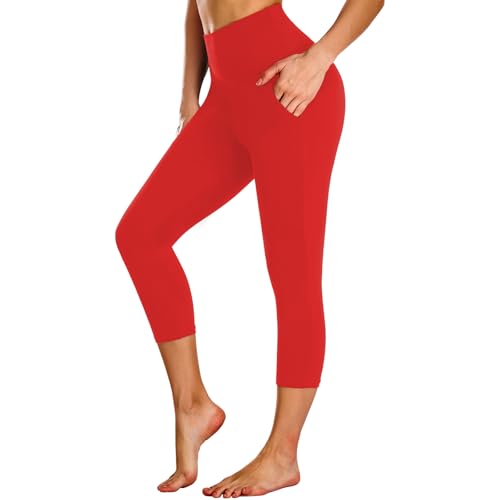 NEW YOUNG Capri Leggings with Pockets for Women High Waisted Workout Leggings Tummy Control Yoga Pants Red