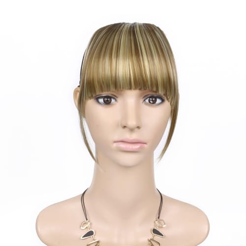 LEEONS Fringe Bangs Synthetic Hair Extensions Clip in Bangs 6" Short Straight Hairpiece Front Neat Bang Two Side - Dark Ash Brown with Bleach Blonde Highlights (18H613#)