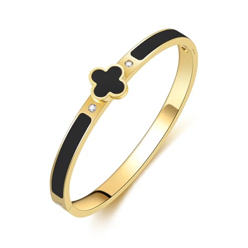 18k Gold Plated Stainless Steel Four Leaf Clover Bracelet for Women - Non-Tarnish, Precision Polished Chunky Gold Bangle in Black, White, Pink, Red Clover Jewelry