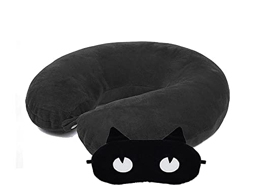 Juzzii Velvet Neck Pillow Eye Mask - Combo Airline Pillow Sleeping Pillow with Sleeping Eye Mask Travel Eye Mask Great for Long Road Trips and Flights - Black Neck & Mask No-17
