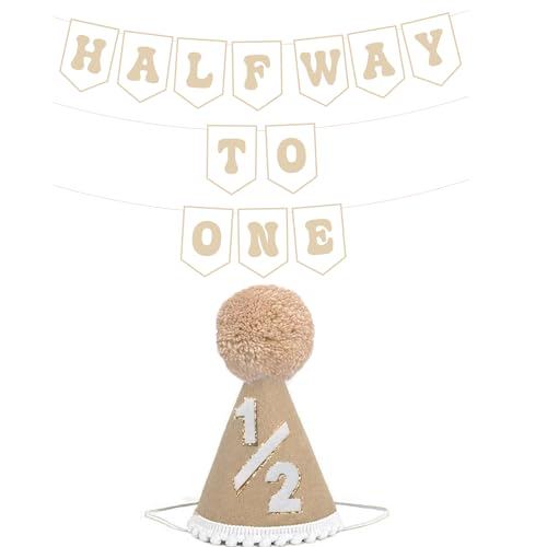 6 Months Birthday Decorations, Beige Half 1/2 Birthday Decorations With Half Way To One Banner And 1/2 Bir-thday Hat For Six Months Ha-Lf Year BD Decor-ations Boy Girls