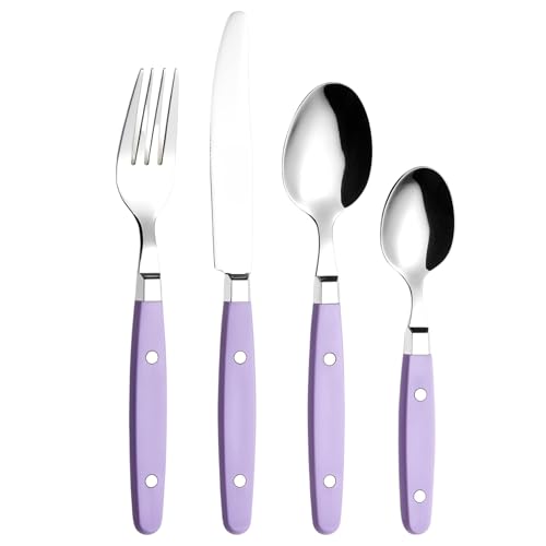 Exzact Cuberterías 24 Piezas Acero Inoxidable - con Asas de Remache artesanales/Cubiertos de Estilo Retro - 6 x Tenedores, 6 x Cuchillo, 6 x cucharas de Mesa, 6 x cucharas de té (Lila)
