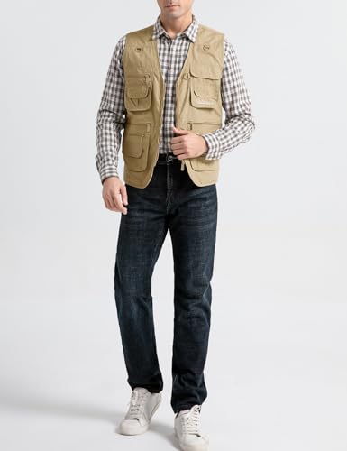 Vanchenl Herren Utility Weste Safari Reise Cargo Outdoor Arbeit Leichtes Foto Schießen Weste mit Taschen Khaki XL