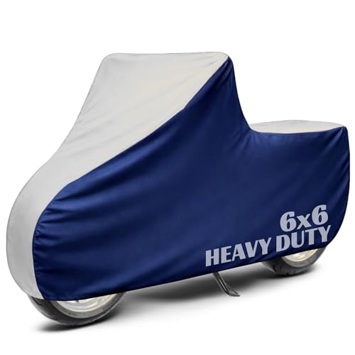 Image of 6X6 Heavy Duty Bike Cover for Hunter 350, Dual Tone White & Blue, All-Weather Protection, Waterproof, UV Resistant, Dustproof, Windproof, Durable Outdoor Motorcycle Body Covers for Daily Use