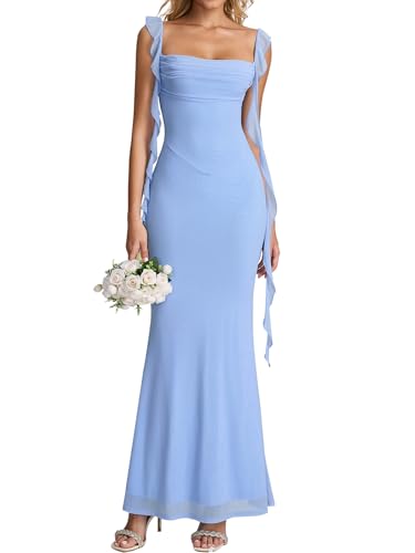 KUTUMAI Elegant Long Formal Wedding Guest Dresses for Women Ruffle Bodycon Cocktail Party Maxi Dress