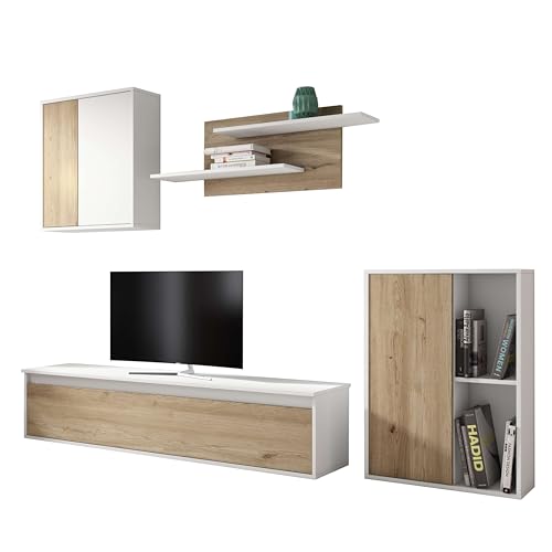 Miroytengo Conjunto de Mueble Salón Comedor Legos 3 Módulos Color Blanco Mate y Roble Naturale Estanterías y Almacenaje 220 cm