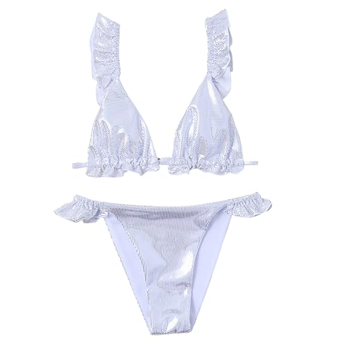 Kids Girls Bathing Suit 2 Piece Bikini Sets High Waisted Swimsuits Sequins Ruffle Straps Swimwear Triangle Swim Suit