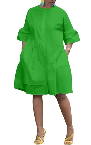 Image of Choichic Button Down Shirt Dresses for Women with Pockets Flare Bell Sleeve A-Line Midi Tunic Dress