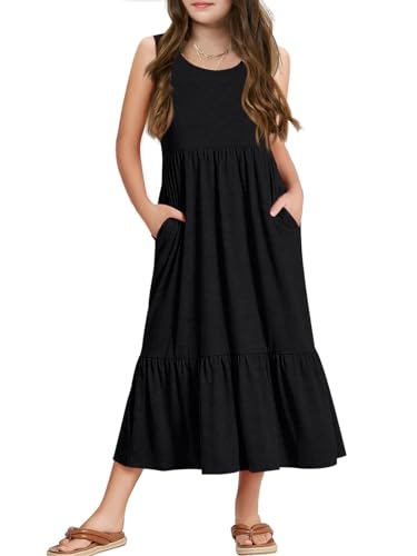 Batermoon Girls Summer Dress Sleeveless Flowy Tiered Casual Long Maxi Dress with Pockets