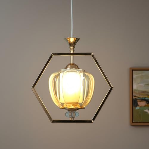 Image of ELIANTE Modern Glass Hanging Light for Living Room & Dining Area | Metal Ceiling Lamp with Elegant Glass Shade | 3 Years Warranty | Free Bulb (Hexora)