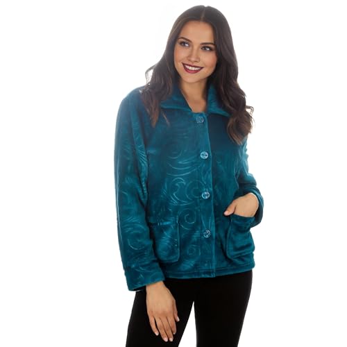 INSIGNIA Ladies Embossed Fleece Bed Jacket Warm Button-Up Housecoat with Two Patch Pockets (UK, Numeric, 14, 16, Regular, Regular, Teal)