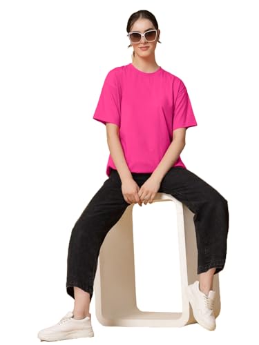 Image of LEOTUDE Women's cotton Oversized Fit Oversized Half Sleeve Tshirt, Round Neck Longline Drop Shoulder Solid T-Shirt