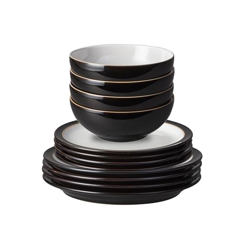 Denby - Elements Black Dinner Set For 4-12 Piece Simple Ceramic Stoneware Tableware Set - Dishwasher Microwave Oven Safe - Scratch Chip Resistant