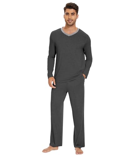 WiWi Men's Viscose from Bamboo Pajama Sets Long Sleeve Top and Pants Sleepwear Nightwear Pjs Loungewear Sleep Set S-XXL