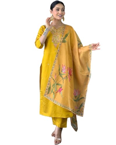 Kurta jaune brodé en polyester viscose taille XL avec son pantalon et dupatta assortis