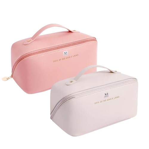 Image of NFI Essentials Pack of 2 Cosmetic Travel Organizer Bag, Women's Makeup Pouch Toiletry Bag Portable Leather Wide Opening Cosmetics Bag with Handle and Divider, 8Cm, Assorted