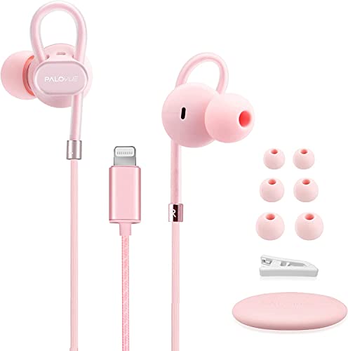 PALOVUE Lightning Headphones Earbuds Earphones with Microphone Controller MFi Certified Noise Isolation Compatible iPhone 14 13 12 11 Pro Max iPhone X XS Max XR iPhone 8 P iPhone 7 P NeoFlowColor Pink