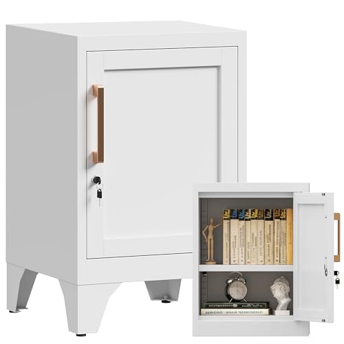 Image of 23.6 inch H White Metal Locker Nightstand with 1 Lockable Door and 1 Adjustable Shelf, Small Storage Cabinet with Detachable Legs and Vintage Handle for Home Office,Living Room or Bedroom,Easy Assembly
