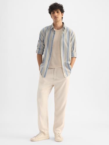 Image of The Souled Store Cotton Linen Stripes: Azure Men and Boys Long Sleeves Collared Neck Button Front Regular Fit Cotton Linen Shirts