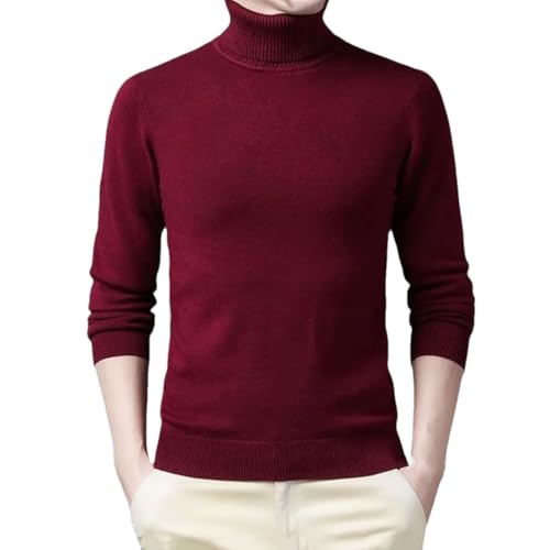 Men Solid Color Turtleneck Pullovers Sweaters Men's Long Sleeve Sweater Knitted Warm Top Wine Red Asian XL