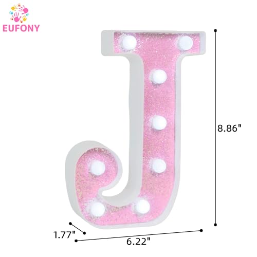 Image of Pink Glitter Marquee Light Up Letters, Battery Operated LED Letter Lights Signs for Pink Birthday Party Table Decorations, Wall Decor for Girls Bedroom, Initial Letter J with Cool White Lights