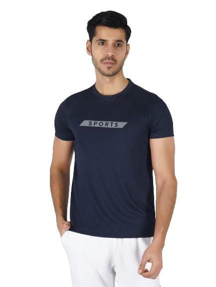 Image of Men Stretchable Polyester Round Neck Gym Sports and Yoga Wear T-Shirt Navy Blue (Pack of 1)