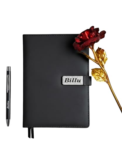 Image of Personalized Diary & Pen Gift Set with Name Engraving | Leather Diary Combo with Decorative Rose | Customizable Gift for Birthday, Anniversary, Valetine & Special Occasions (Black)