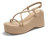 Coutgo Womens Platform Wedge Heels Sandals Slingback Open Toe Ankle Strap Summer Dress Shoes,Khaki,size 8