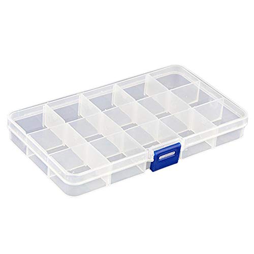 Ogquaton Boîte de rangement pour bijoux en plastique 15 grilles diviseurs à compartiments ajustables Organisateur de bijoux Contenants de rangement pour boucles d'oreilles Cover