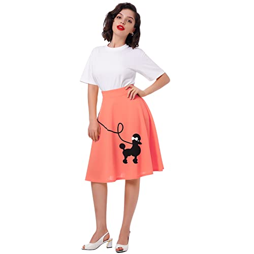 Odoldi Poodle Skirts For Women 50S Vintage Skirt Poodle Print Swing A-Line Skirt Retro High Waist Skater Skirts 1950S 1960S Rockabilly Party Midi Skirt Orange Pink Small thumb #2
