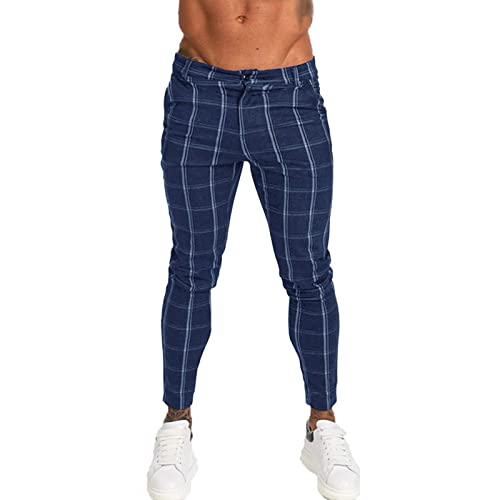 Men's Stripe Printed Dress Pants Plaid Flat Front Tapered Long Pants Checked Stretch Skinny Business Trousers2