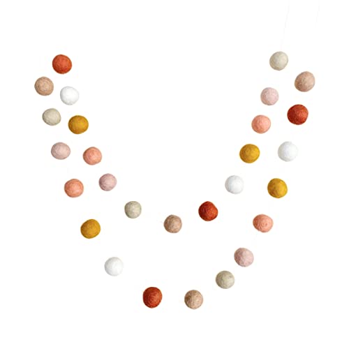 Image of "BoHo Rainbow" Handmade Wool Felt Ball Garland by Sheep Farm Felt- Coral, Peach, Cream, Blush, Apricot, Mustard, Ivory Pom Pom Garland. Adjustable spacing. 7 feet long. 28 one-inch felt balls