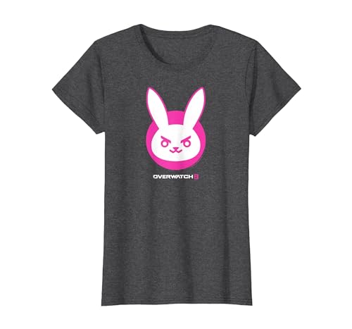 Overwatch 2 D.Va White & Pink Rabbit Center Icon Logo Maglietta, Donna, Grigio Scuro, S