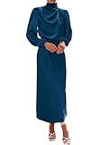 BTFBM Womens Mock Neck Satin Dress Summer Fall 2025 Long Sleeve Lightweight Formal Wedding Party Maxi Cocktail Dresses(Dark Blue, Small)