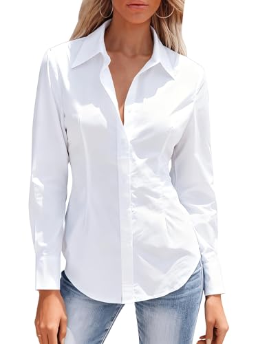 La Mejor Recopilación de Blusas y camisas para Mujer - los preferidos. 48 Camisas con botones para mujer, camisa de vestir ajustada de manga larga con cuello, blusa de trabajo, negocios, oficina, atuendo de otoño, Blanco (All White), X-Large