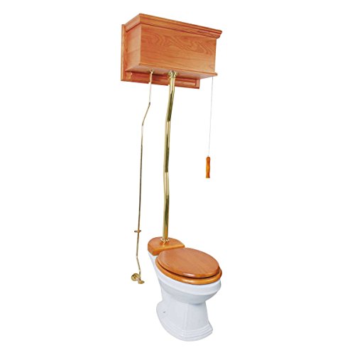 Antique Light Oak High Tank Pull Chain Toilet Wooden Tank Elongated Top Entry Porcelain Bowl And Brass Z Pipes Adjustable Height 59 To 74 Inches Toilet With Hardware Renovators Supply Manufacturing