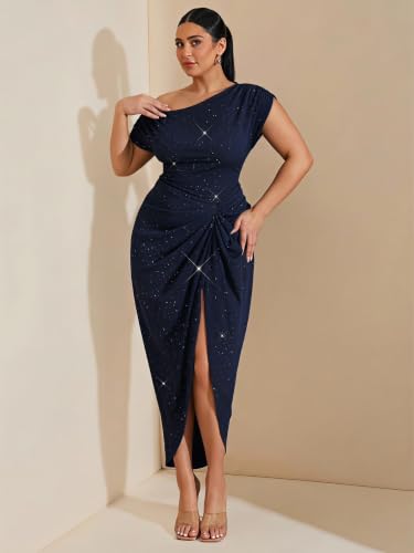 Image of Floerns Women's Plus Size Asymmetrical Neck Long Dress Ruched Slit Hem Cocktail Dress