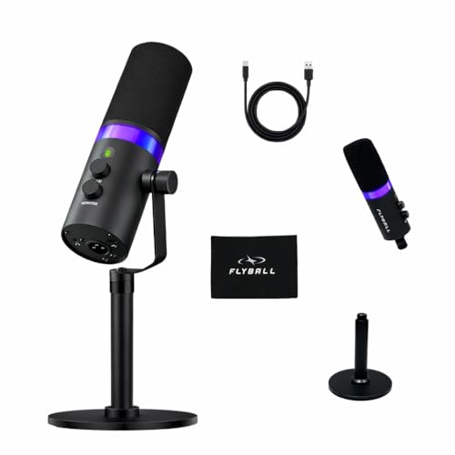 Image of FLYBALL Studio-Grade XLR /USB Dynamic Microphone with Base Stand, RGB Gaming Podcast Mic, Gain Control, Volume Knob, Headphone Monitoring for YouTube, Streaming, Recording (UG 300)
