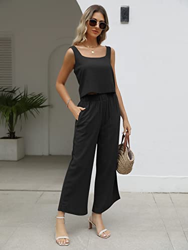 Automet 2 Piece Summer Outfits Womens Casual Matching Sets Tracksuits Cruise Linen Crop Top Long Pants Jumpsuits 2023 Fashion Clothes #TOP2