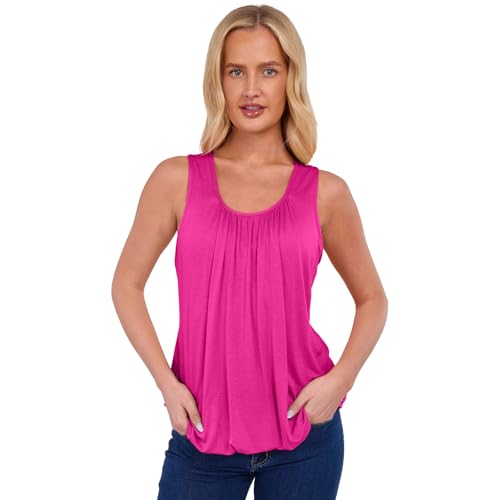 NetSetUK Women Bubble Hem Straps Vest Top Sleeveless Round Pleated Scoop Neckline Vest Summer Ladies Loose Fit Elasticated Camisole Swing Waist Top Fuchsia Pink