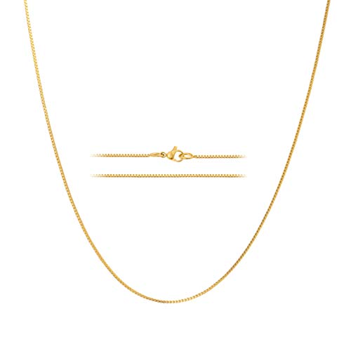 KISPER 24k Gold Box Chain Necklace – Thin, Dainty, Gold Plated Stainless Steel Jewelry for Women & Men with Lobster Clasp, 18”