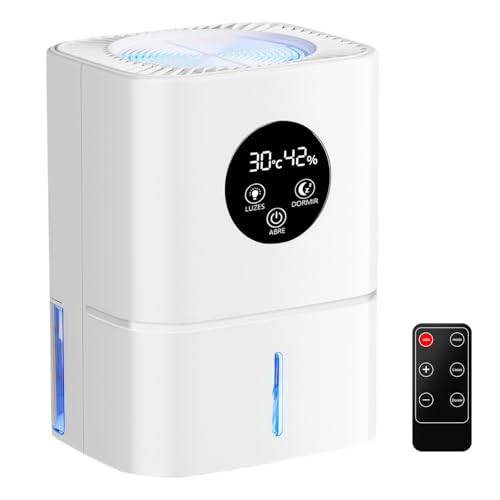 QBuen pequeno desumidificador de ar, 1100 ML, com 2 modos, 7 luzes, lembrete de água cheia e desligamento automático, adequado para salas de estar, armários, banheiros, porões, trailers