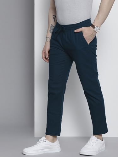Image of The Indian Garage Co Men Slim Fit Solid Mid-Rise Elasticated Linen Jogger Trouser