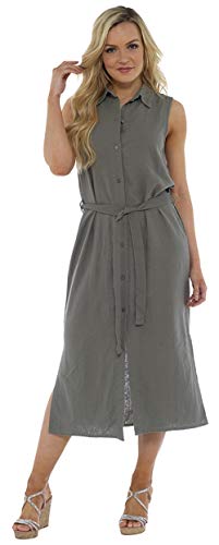 Lora Dora Vestido de lino para mujer con botón a través de la camisa sin mangas con cinturón Sundress túnica cubierta Cover