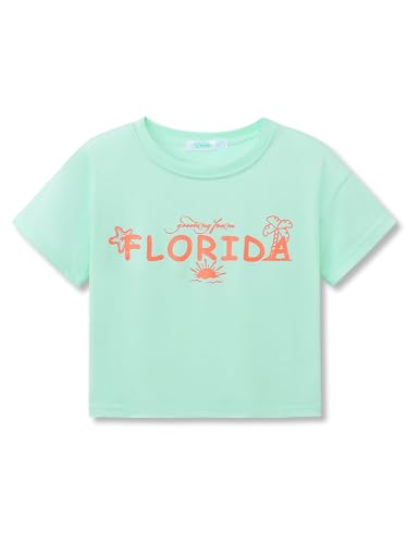 Image of Dvenki Girls Graphics Crop Short Sleeve Crewneck Tee Size 6-18 | soft cotton blend fabric, cropped short hem, fun graphic print, casual summer tops for school and vacation