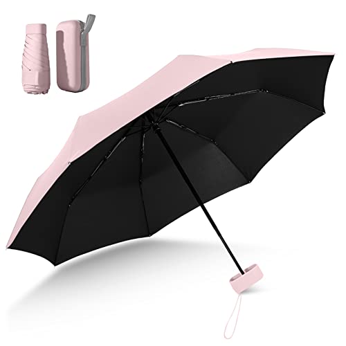 FACALIES Faltbarer Reiseschirm, Mini-Reiseschirm 6 Rippen Faltbarer Reiseschirm Kleiner UV-Regenschirm mit Kapselhülle Mini-Anti-UV-Regenschirm Schnelltrocknender und ultraleichter (Staubblattpulver)