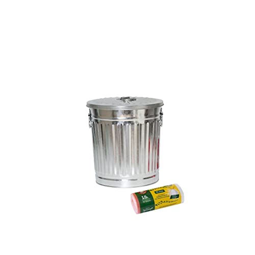 Jinfa Lot de 1 poubelle en métal galvanisé avec poignées et couvercle + 50 sacs poubelle | Zinc | 18L